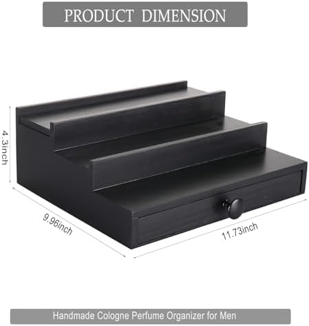 3 Tier Men's Cologne Organizer, Black Wooden Display Stand with Drawer - Image 6