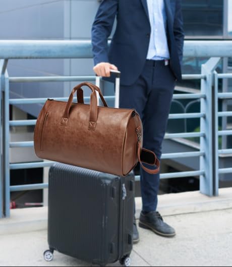 Leather Garment Bag,Convertible Garment Duffel Bag for Travel Mens Suit Bag 2 in 1 Waterproof Foldable Carry on Garment Bag with Shoulder Strap Weekender Bag with Shoe Pouch - Image 6