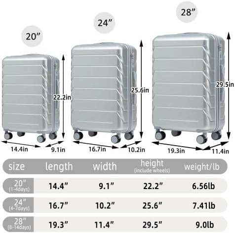 Hardside Luggage Sets, Lightweight Stripes Suitcase with Spinner Wheels, Sliver-220 - Image 7