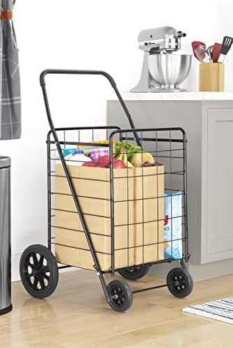 Whitmor Extra Large Utility Foldable Shopping Cart with Wheels, 100 Lb Capacity, Heavy Duty Grocery Cart with Steel Frame, Foam Handle, Rolling Collapsible Utility Trolley for Grocery, Laundry, Black - Image 7