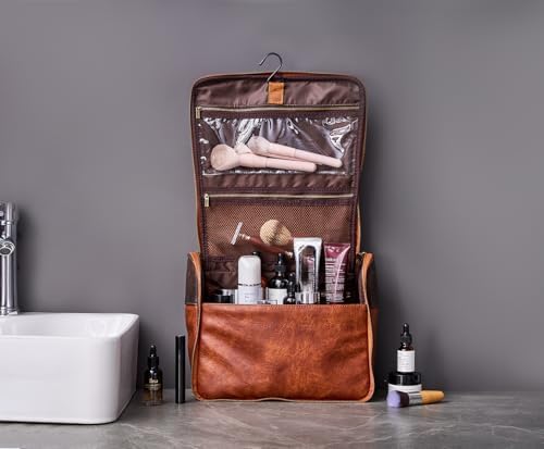 EURYNOME Hanging Toiletry Bag for Women and Men, Large PU Leather Toiletries Organizer, Water-resistant Bathroom Shaving Kit for Cosmetics, Makeup Case - Image 6