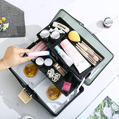 Kinsorcai 12'' Three-Layer Clear Plastic Storage Box/Tool Box, Multipurpose Organizer and Portable Handled Storage Case for Art Craft and Cosmetic (Black) - Image 6