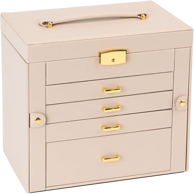 Jewelry Box, Women's Jewelry Organizer with Mirror, 5 Layers & 4 Drawers, Apricot - Image 8