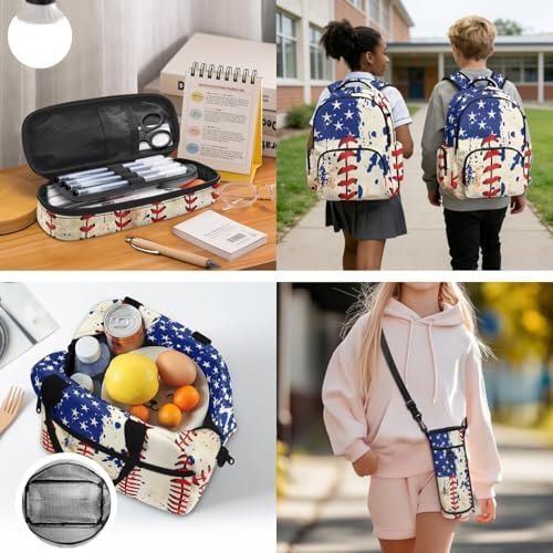 Kids' Backpacks School-Bag 4 Pack Set Custom Baseball Print Backpack with Lunch Box Pencil Case Water Bottle Holder Sling Bag with Pocket Adjustable Strap - Image 7
