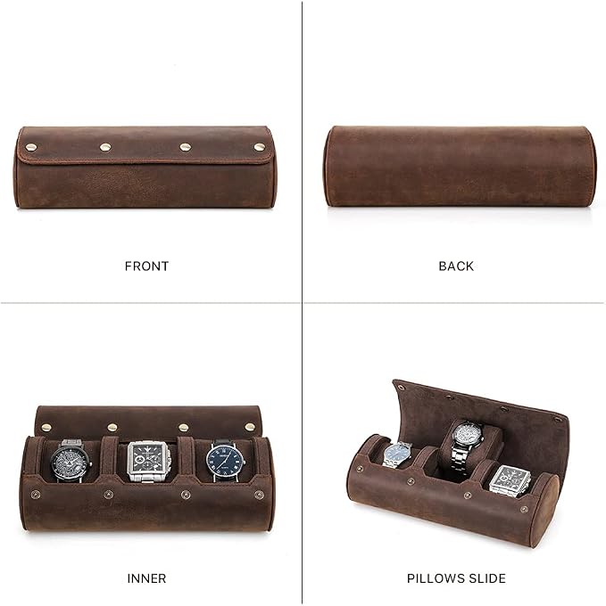 Hiram Leather Watch Roll Travel Case,Vintage Crazy Horse Leather 3-Slots Watch Box with Removable Velvet Pillows, Secure Metal Clasp, Perfect for Daily Display & Business Travel - Image 7