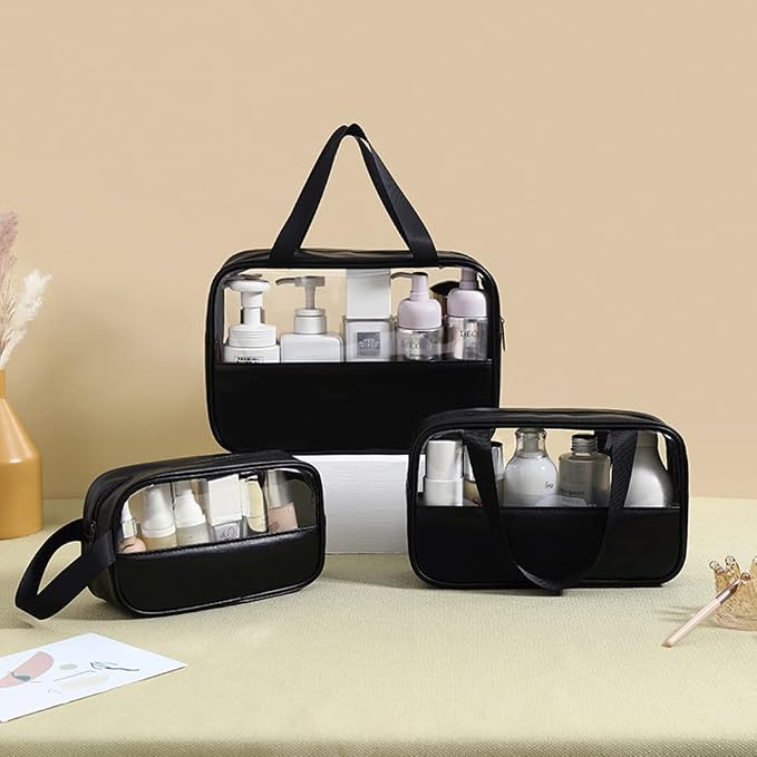 Travel Makeup Pouch Set Toiletry Bag Cosmetic Organizer Bag for Women and Girls Toiletry Storage Kit, 3 Pcs Set - Black, Travel Accessories - Image 7