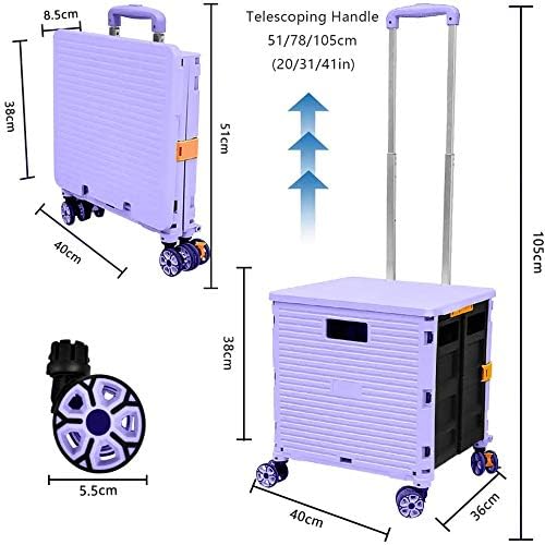 Quick Utility Cart Folding Portable Rolling Crate Handcart with Durable Heavy Duty Plastic Telescoping Handle Collapsible 4 Rotate Wheels for Travel Shopping Moving Luggage Office Use (Purple) - Image 7