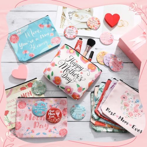 Landical 10 Sets Mother's Day Gifts Bulk, Canvas Makeup Bags with Compact Mirrors Cosmetic Bags Gifts for Women, Thank You Travel Toiletry Pouch Bulk Mom Gift for Coworker, Mothers Day Party Favors - Image 7