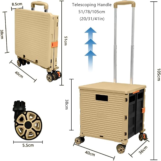FELICON SELORSS Foldable Utility Cart Folding Portable Rolling Crate-Khaki | Durable,Heavy Duty,Plastic Box,Telescoping Handle,4 Rotate Wheels,Collapsible Handcart for Travel Shop Move Luggage Office - Image 7