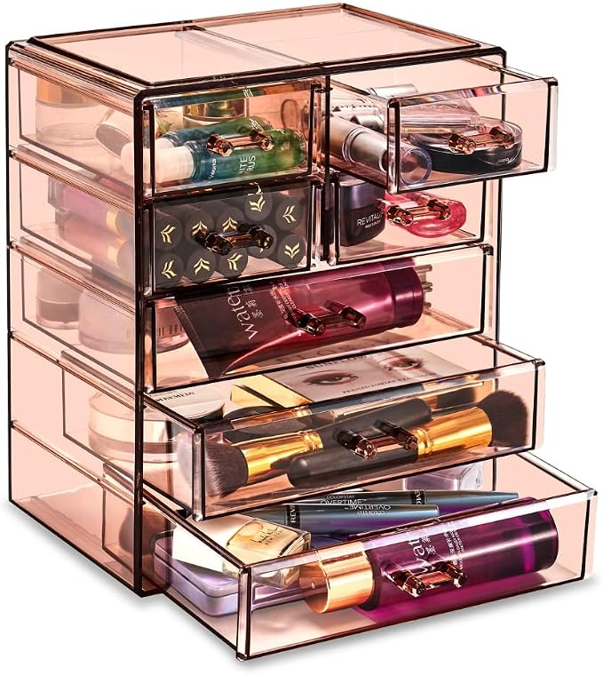 Sorbus Acrylic Makeup Organizer Set, 7-Drawer Vanity & Countertop Cosmetic Storage with Small & Wide Drawers, Bronze Glow Makeup Storage for Brushes, Lipsticks, Jewelry, Holiday Gift for Women & Teens - Image 9