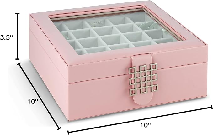 Glenor Co Earring Organizer - Classic 50 Section Jewelry Box/Case/Holder for Earrings, Rings, Necklaces, Jewelry, Cufflinks or Collections -2 Layer Small Compartments with Large Glass Top - Soft Pink - Image 7