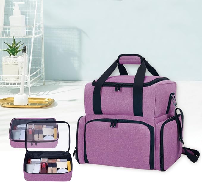 Large Makeup Bag with 2 Removable Case,Purple | Multifunctional Cosmetic Bag Double Layer Travel Toiletry Organizer for Womens and Storage Enthusiasts - Image 7