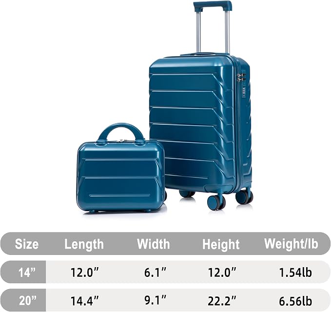 Gradient Color Suitcase 2-Piece Set, 20" Rotating Wheel Suitcase with 14" Cosmetic Case, Lightweight Durable Hardshell Luggage with 360° Spinner Wheels for Travel, Women & Girls (Dark Blue) - Image 9