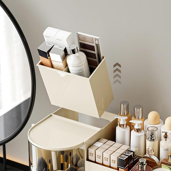 Makeup Organizer with Rotating Brush Holder Cosmetic Organizer with Drawers Countertop Skincare Organizer for Vanity,Cosmetic Display Case Storage (Cream, Large) - Image 8
