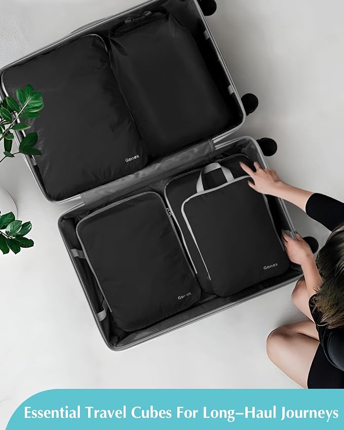 Gonex Compression Packing Cubes, 5pcs Expandable Storage Travel Luggage Bags Organizers with Laundry Bag (Black) - Image 9