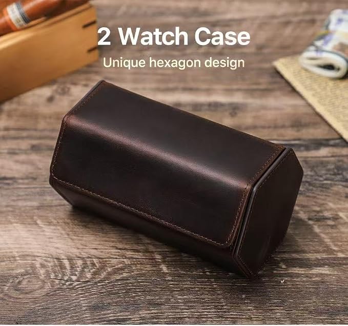 Genuine Leather Watch Roll Travel Case, Vintage Full Grain Leather Hexagon Watches Storage Organizer with Display Removable Pillows & Solid Dividers for Home Storage &Display (2 Slot) - Image 7