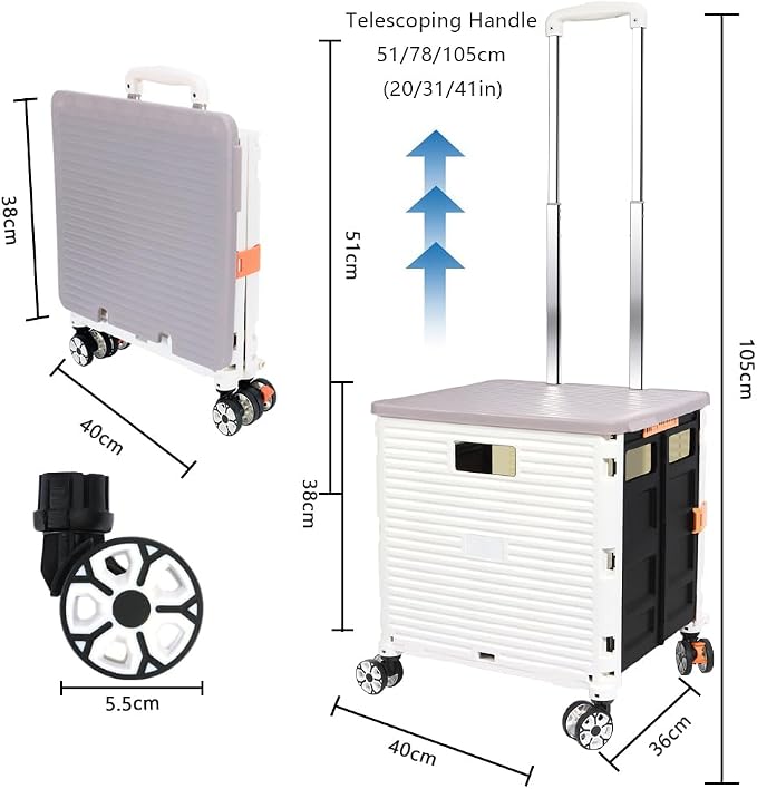 FELICON SELORSS Foldable Utility Cart Folding Portable Rolling Crate-White | Durable,Heavy Duty,Plastic Box,Telescoping Handle,4 Rotate Wheels,Collapsible Handcart for Travel Shop Move Luggage Office - Image 7
