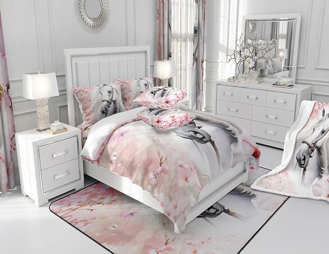 Horse Duvet Cover Twin for Boys Girls Wild Animal Print Bedding Set Pink Cherry Blossoms Decor Comforter Cover 3D White Horse Flower Butterfly Print Bedding 2 Pcs Farmhouse Spring Theme Bedspread - Image 7