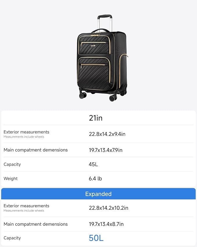 LUGGEX Carry On Luggage with Wheels, UDK Expandable Lightweight Rolling Suitcase, Soft Sided Carry On Suitcase for Weekend Trip (UX-Core, Black, 21 Inch) - Image 9