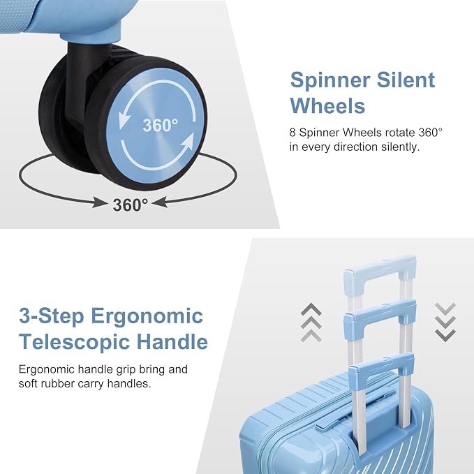 Karl home Luggage Sets 3 Piece, PP Hardshell Carry on Suitcase with Bags, Lightweight Suitcase Sets with Spinner Wheels TSA Lock Waterproof Rolling Luggage for Travel (3pcs, Sky Blue) - Image 9