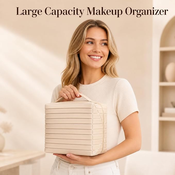 Fold Down Large Capacity Makeup Bag for Women, Foldable Travel Makeup Organizer with Compartments, Lay Flat Waterproof Cosmetic Toiletry Bag for Brushes and Skincare (Light Blue) - Image 8