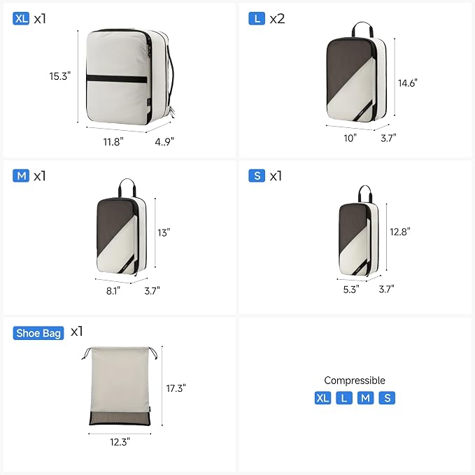 LUGGEX Compression Packing Cubes for Travel, 6 Set Lightweight Luggage Organizer Bags with Shoe Bag, Space Saving Suitcase Packing Cubes for Carry-On with Breathable Mesh, Double-Zipper (POX01, Beige) - Image 8
