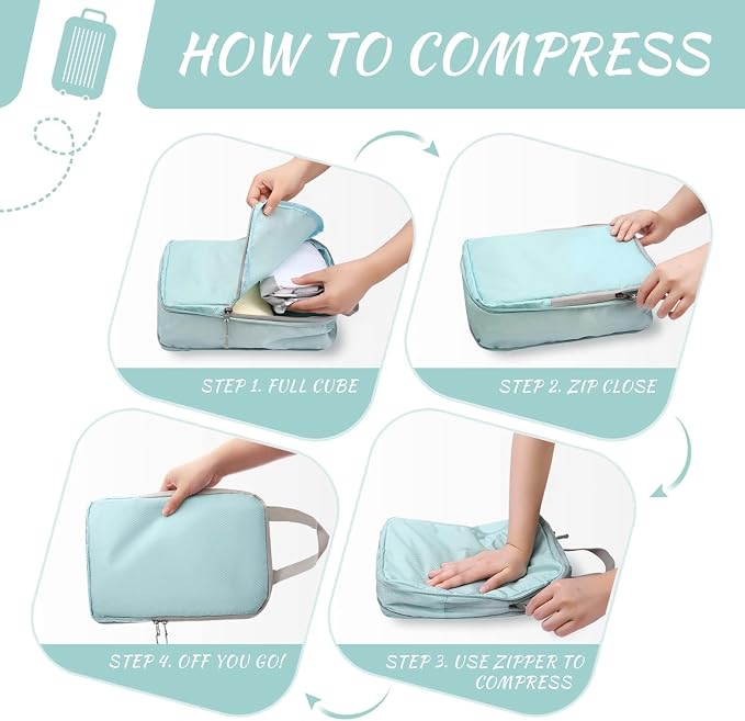 Compression Packing Cubes, 5 Set Suitcases Organizer Cubes for Travel Essentials, Ultralight Expandable Luggage Organizer Bags Set, Packing Organizer with Shoe Bag Travel Accessories Women Men (Blue) - Image 7