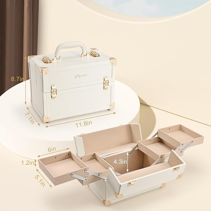 Joligrace Makeup Train Case Large Portable Cosmetic Makeup Storage Box Organizer Lockable with 4 Tray Compartments Retro Champagne Beige Vegan Leather - Image 7