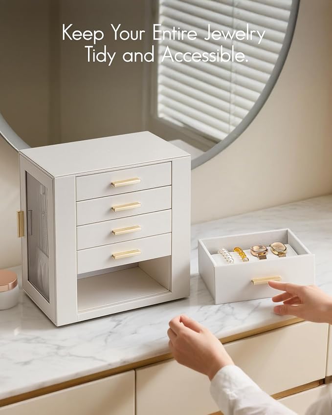 VLANDO 360ー Rotating Jewelry Box with 5 Drawers, Large Jewelry Storage with 2 Glass Window, PU Leather Jewelry Organizer for Bracelets, Necklaces, Earrings, Rings - Cloud White - Image 6