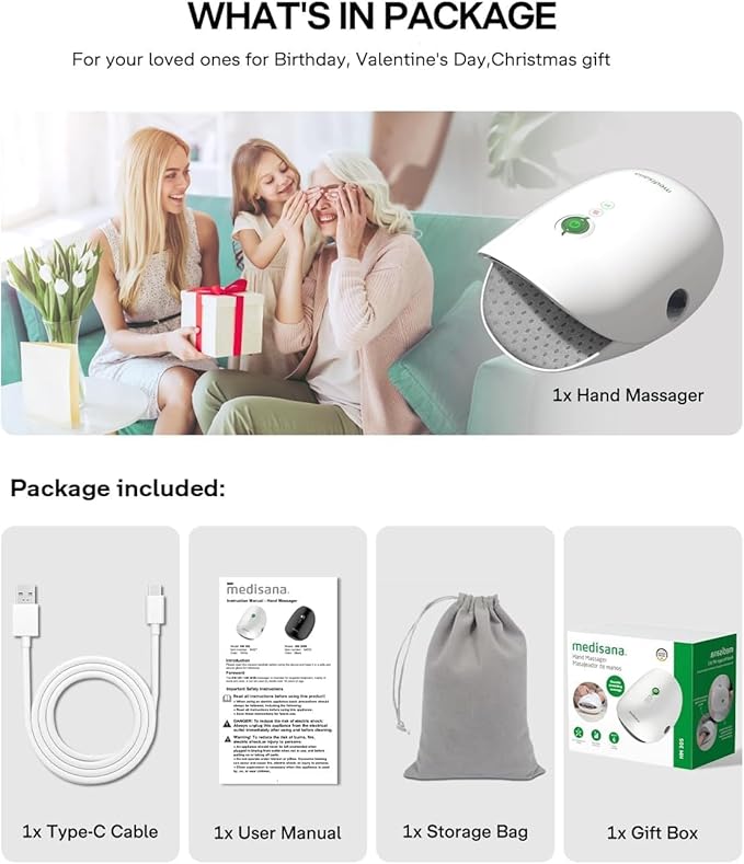 Medisana Hand Massager with Heat and Compression, Cordless Hand Massager for Arthritis and Carpal Tunnel Relief, Knuckle Stretching Massage, Christmas Gifts for Men Women Dad Mom-Bright White