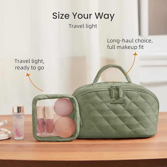 LOVEVOOK Travel Makeup Bag for Women, 2Pcs Puffer Waterproof Cosmetic Organizer, Large Capacity Pouch Open Flat Small Toiletry Bag with Brush Compartment & Handle (Green, Medium) - Image 6