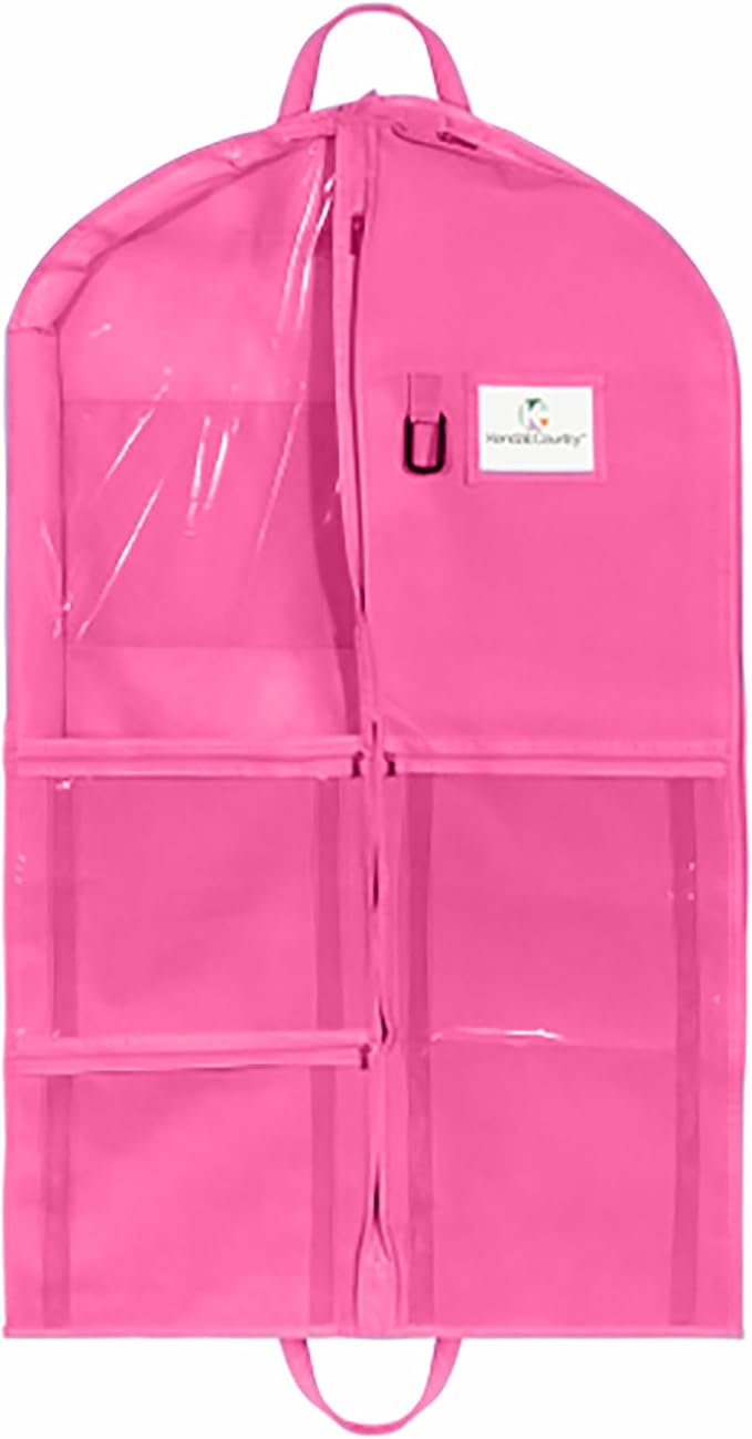 Enhanced Hanging Garment Bag with multiple clear Pockets, carrying straps, front and Side Zippers for Clothes, Dance Costumes, Cheer uniforms, and pageant dresses. (BarbiePink, 40 inch) by KendallCountry