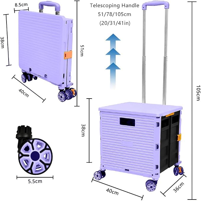FELICON SELORSS Foldable Utility Cart Folding Portable Rolling Crate-Purple | Durable,Heavy Duty,Plastic Box,Telescoping Handle,4 Rotate Wheels,Collapsible Handcart for Travel Shop Move Luggage Office - Image 7