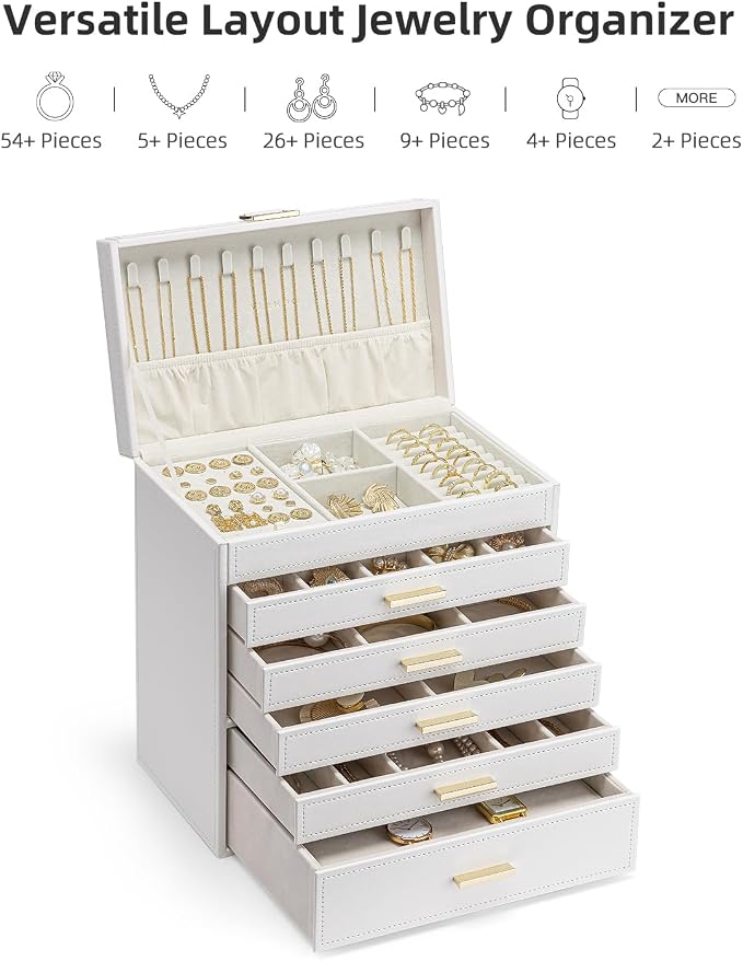 VLANDO 6 Layer Large Jewelry Box - Jewelry Holder Organizer, Jewelry Box Organizer for Drawer Necklace Ring Bracelet and Watch, Birthday Gift for Loved Ones - White - Image 6