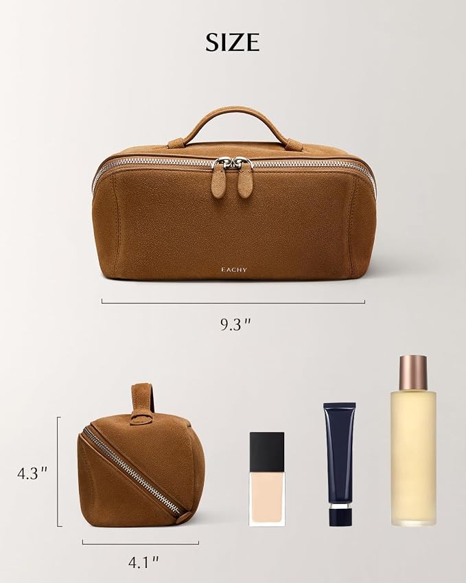 EACHY Leather Makeup Bag, Portable 180° Wide-Open Flat Cosmetic Bag for Women, Large Capacity Make Up Organizer Makeup Pouch with Divider and Handle - Image 7