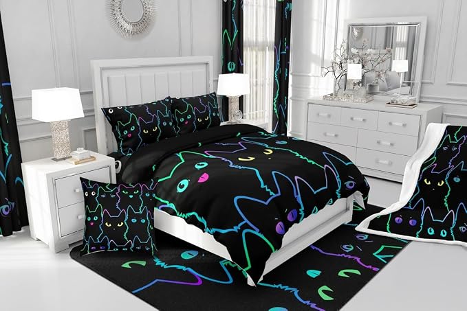 Erosebridal Teen Girl Bedding Full Size Cute Cat Kids Comforter Set Rainbow Line Cats Bedding Sets for Girls Boys Cartoon Kawaii Animal Quilt Set Reversible Black All Season,2 Pillow Cases - Image 6