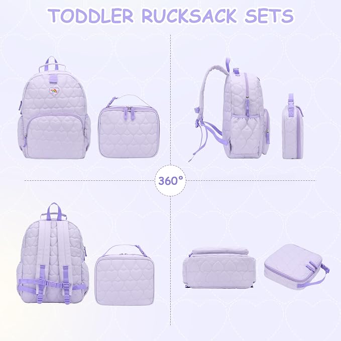 Chase Chic Toddler Backpack for Girls, Puffer Cute Lightweight Preschool Backpack with Lunch Box Set for Daycare Travel Kids Age 3-6,Purple Heart - Image 7