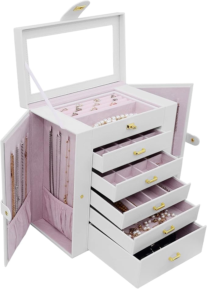 AKOZLIN 6-Tier Jewelry Box Organizer Functional 5 Drawers Leather Jewelry Storage Case for Women Girls Ring Necklace Earring Bracelet Holder Organizer with Mirror Extra Large White - Image 9