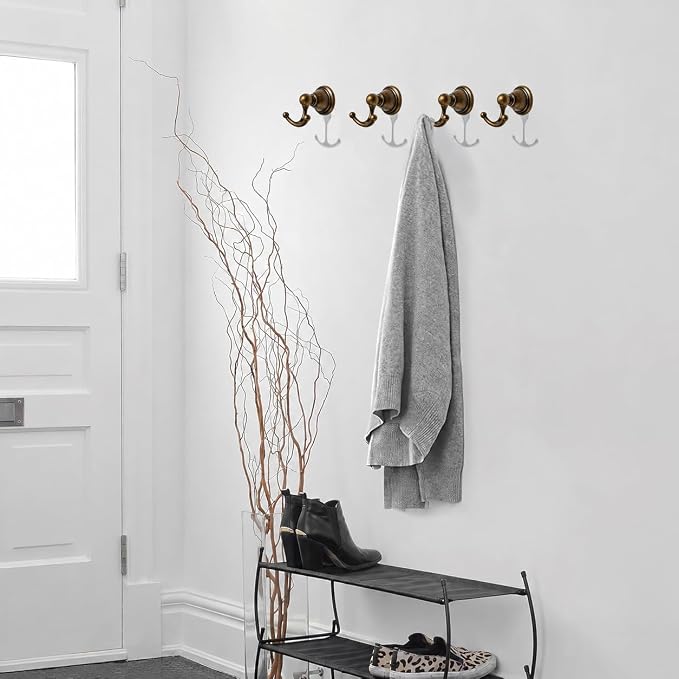 khtumeware 4 Pack Antique Brass Robe Hooks Wall-Mounted Heavy-Duty Towel Hooks, Zinc Alloy Bathroom Coat Hooks and Suitable for Hanging Towels, Bathrobes, Clothes, Hats and Bags. - Image 5