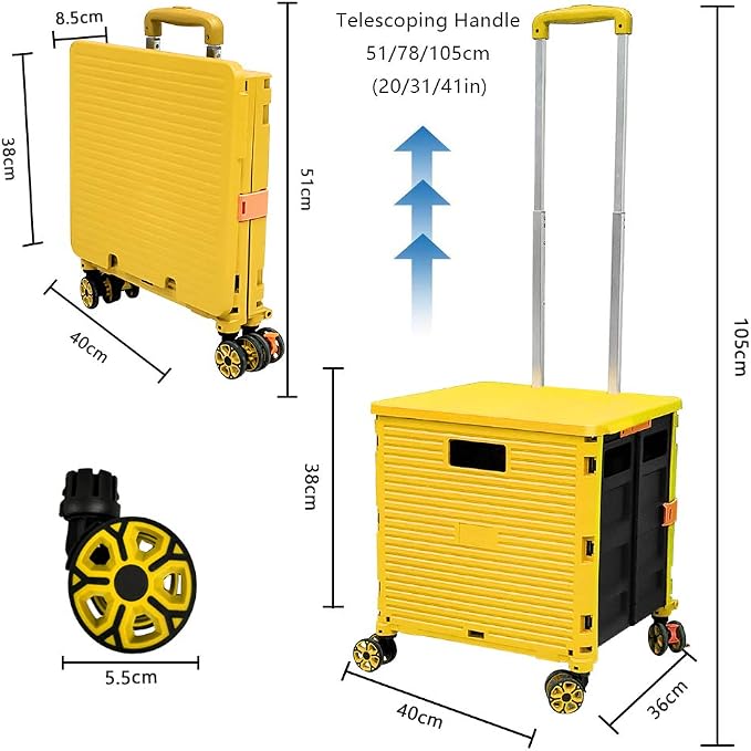 FELICON SELORSS Foldable Utility Cart Folding Portable Rolling Crate-Yellow | Durable,Heavy Duty,Plastic Box,Telescoping Handle,4 Rotate Wheels,Collapsible Handcart for Travel Shop Move Luggage Office - Image 7