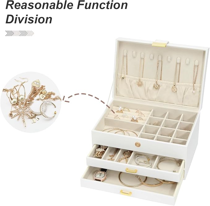 Jewelry Organizer Box, Women Jewelry Box 3 Layers with 2 Drawers, Large Jewelry Organizers Jewelry Boxes Display Earring Necklace Watch Bracelet and Rings, White - Image 8
