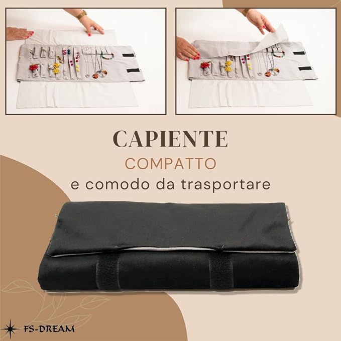 Large and Compact Soft Velvet Jewellery Roll - Women's Jewellery Box for Travel with More Than 50 Slots for Rings, Necklaces, Earrings and Bracelets (Black/Grey) - Image 7