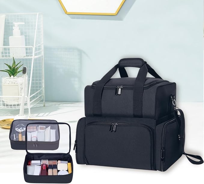Large Makeup Bag with 2 Removable Case,Black | Multifunctional Cosmetic Bag Double Layer Travel Toiletry Organizer for Womens and Storage Enthusiasts - Image 7