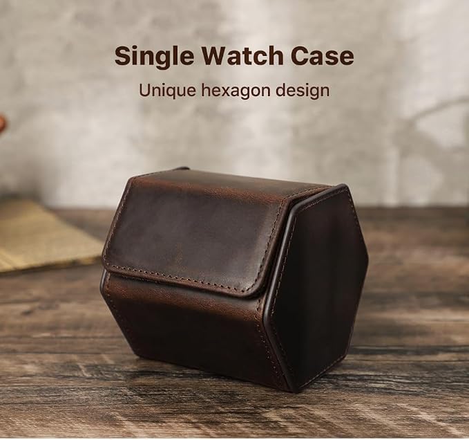 Genuine Leather Watch Roll Travel Case, Vintage Full Grain Leather Hexagon Watches Storage Organizer with Display Removable Pillows & Solid Dividers for Home Storage &Display (1 Slot) - Image 7