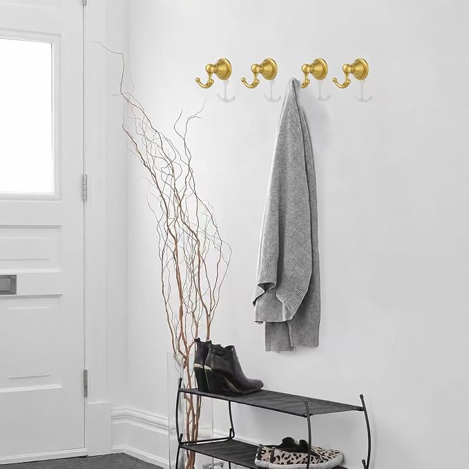 khtumeware 2 Pack Brushed Gold Robe Hooks Wall-Mounted Heavy-Duty Towel Hooks, Zinc Alloy Bathroom Coat Hooks and Suitable for Hanging Towels, Bathrobes, Clothes, Hats and Bags. - Image 5