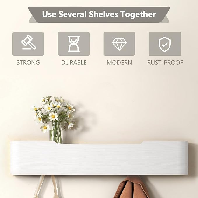 Wall Mounted Coat Rack with Shelf, Wooden Entryway Organizer with Hidden Metal Hooks for Hanging Coats Bags Keys, Modern Floating Shelf for Hallway Bathroom - Image 8