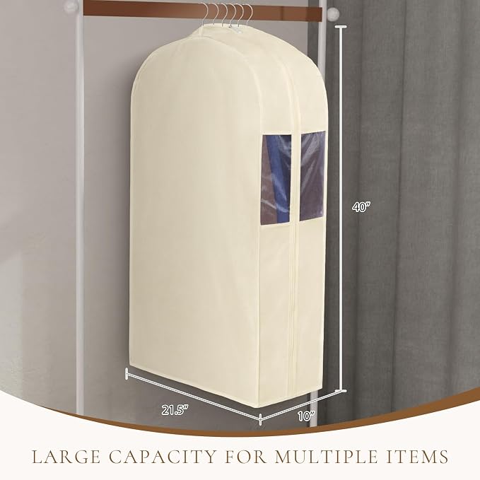 Univivi Premium Cotton Garment Bags for Hanging Clothes and Storage, 40 Inch Washable Suit Cover Bag with Extra Large 10" Gusset & Clear Window - Perfect for Suits, Coats, Jackets - 2 Pack, Beige - Image 6