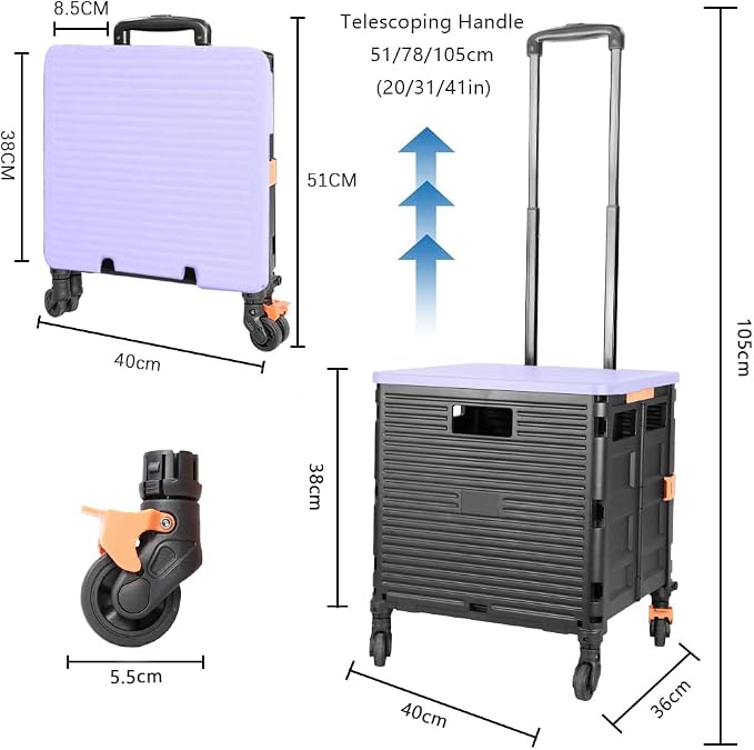 FELICON SELORSS Foldable Utility Cart Folding Portable Rolling Crate-Purple | Heavy Duty,Telescoping Handle,4 Rotate Wheels,Collapsible Handcart for Travel Shop Move Luggage Laundry Teacher Office Use - Image 7