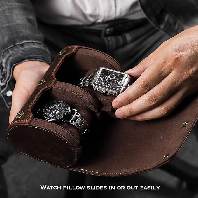 Hiram Leather Watch Roll Travel Case,Vintage Crazy Horse Leather 2-Slots Watch Box with Removable Velvet Pillows, Secure Metal Clasp, Perfect for Daily Display & Business Travel - Image 7