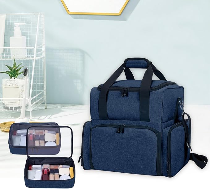 Large Makeup Bag with 2 Removable Case Cosmetic,Blue | Large Makeup Bag with 2 Removable Case Multifunctional Cosmetic Bag Double Layer Travel Toiletry Organizer - Image 7